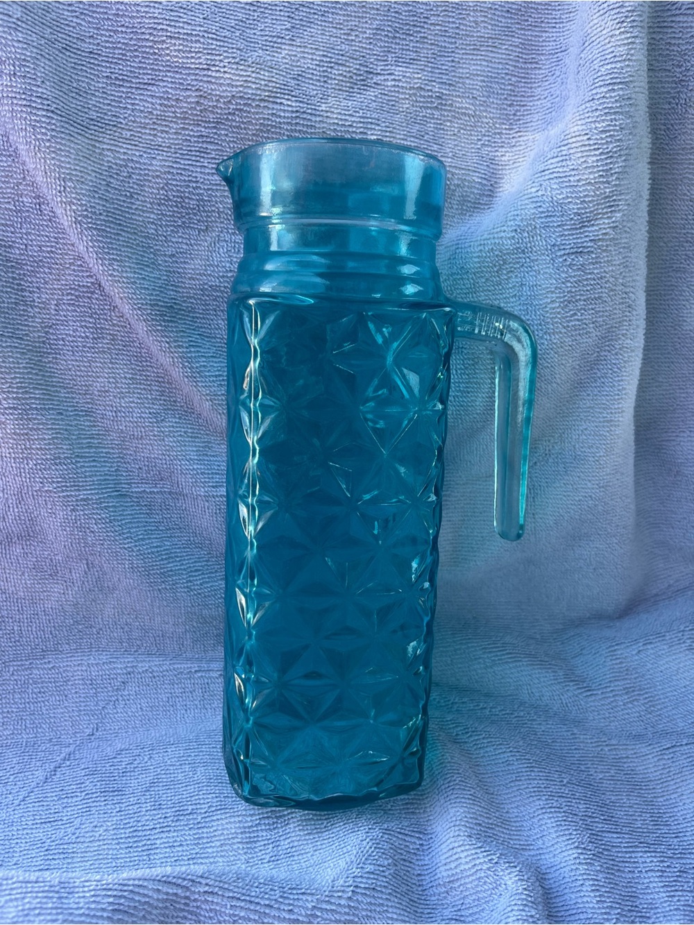 Vintage Turquoise Glass Refrigerator Pitcher Waffle Diamond Pattern 9.5"